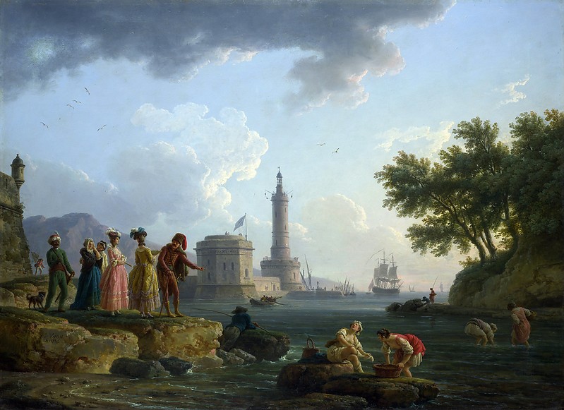 Claude-Joseph Vernet / A Sea-Shore,  1776 (Napples lighthouse)
British National Gallery
This painting is recorded as having been made as one of a pair for the Comte de Luc. The scene is largely fanciful but includes reminiscences of real buildings, notably the Naples lighthouse, recorded by Vernet in a drawing in Vienna. The washerwomen by the river to the right are observed by the fashionably dressed ladies on a platform of rock on the left. The latter have with them a black page and a man in military costume who gestures across to the river. This group, balanced in the composition by the trees to the right, is silhouetted against the sun and overshadowed by the dark cloud that stretches over the lighthouse on the central axis of the painting.
Keywords: Artwork