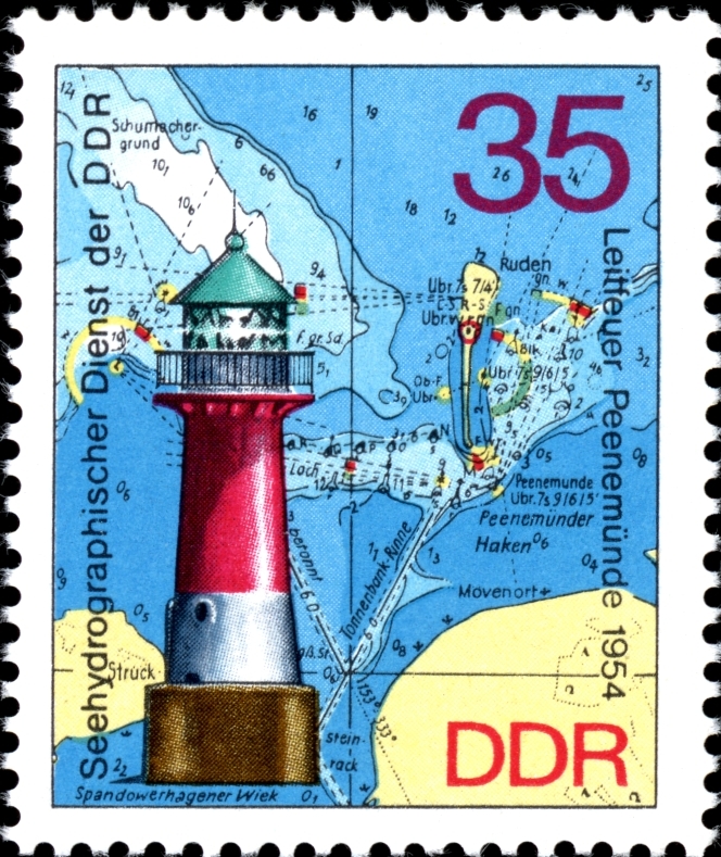 DDR / Meclenburg-Vorpommeren / Peenem?nde Leitfeuer
This combination of a lighthouse and a seachart with her location, soo beautifull these stamps.
Keywords: Stamp