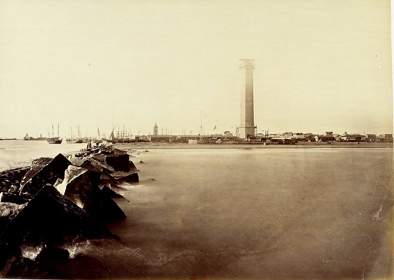 Mediterranean sea / Port Sa'id lighthouses (Left: 1 and Right (tall): 2)
Photo of 1869 - 2nd LH is still under construction
Keywords: Mediterranean sea;Egypt;Port Said;Historic