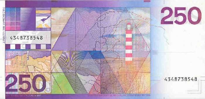 Dutch 250 Gulden Banknote.
Above the left 250, not readable here, a list of the main lights on the Dutch coast.
Keywords: Artwork;banknote