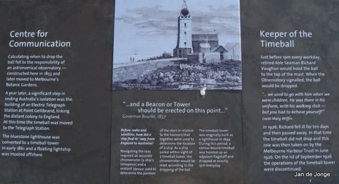 Williamstown / Point Gellibrand Light- & Timeballtower / Info
Wooden Lighttower 1840 - 1849
Bluestone Lighttower 1849 - 1859, the light was then replaced by a lightship.
Tower in 1934 30 ft extended with brick and in function as a lighttower once more until 1987.
1987/89 extension demolished and a time ball replaced as a historical/touristic attraction.
Keywords: Melbourne;Victoria;Port Fillip;Australia;Plate