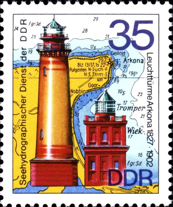 Ostsee / R?gen / Cape Arkona Lighthouses
Bricktower= Arkona (1) Schinkelturm 1828, inactive since 1902
Talltower= Arkona (2) 1902
Keywords: Stamp