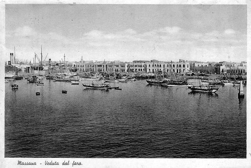 Massaua (Massawa) / Harbour with daymark at right
The Italian text says: view from the lighthouse, so we are standing on it.
Keywords: Massaua;Eritrea;Red sea;Historic