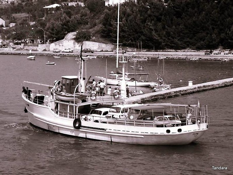 Rab / Barbat / Passenger Molehead Light
Rapska Plovidba started in 1963 with this ship, the ??utin, a fisher tranferred into a ferry, a service from Jablanac to Rab-city with stop at Barbat. The ship could carry 4 cars, after a rebuilt in 1965 7 cars. In 1968 a ro-ro ramp was built more S-E in the Barbatski Kanal for bigger ro-ro ferrys
So the picture is between 1965 and 1968.
Keywords: Croatia;Rab;Adriatic sea;Historic