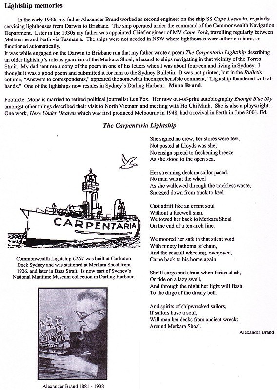 Poem on the Australian Carpentaria Light Ships.
Keywords: Artwork