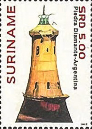 Rio de la Plate / Barra de San Piedro / Faro de Piedra Diamante
The Suriname Post placed this light under Argentina.
It`s standing on a Uruguayan shoal, but is maintenanced by Argentina in the fairway to the Rio Parana, leading to Rosario and Paraguay.
Keywords: Stamp