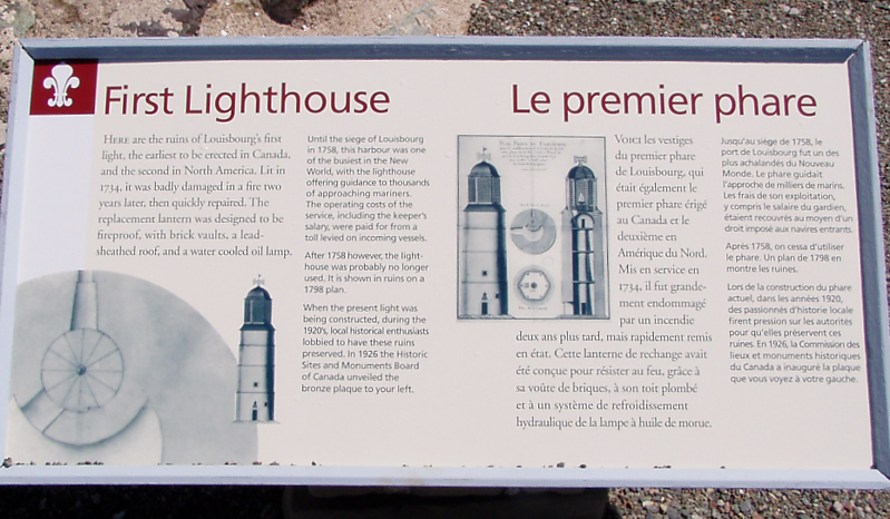 Nova Scotia / Information on the first Louisbourg Lighthouse
The lighthouse station was established in 1734. The picture shows the information panel on the first lighthouse. 
Keywords: Canada;Nova Scotia;Cape Breton Island;Atlantic ocean;Louisbourg;Plate
